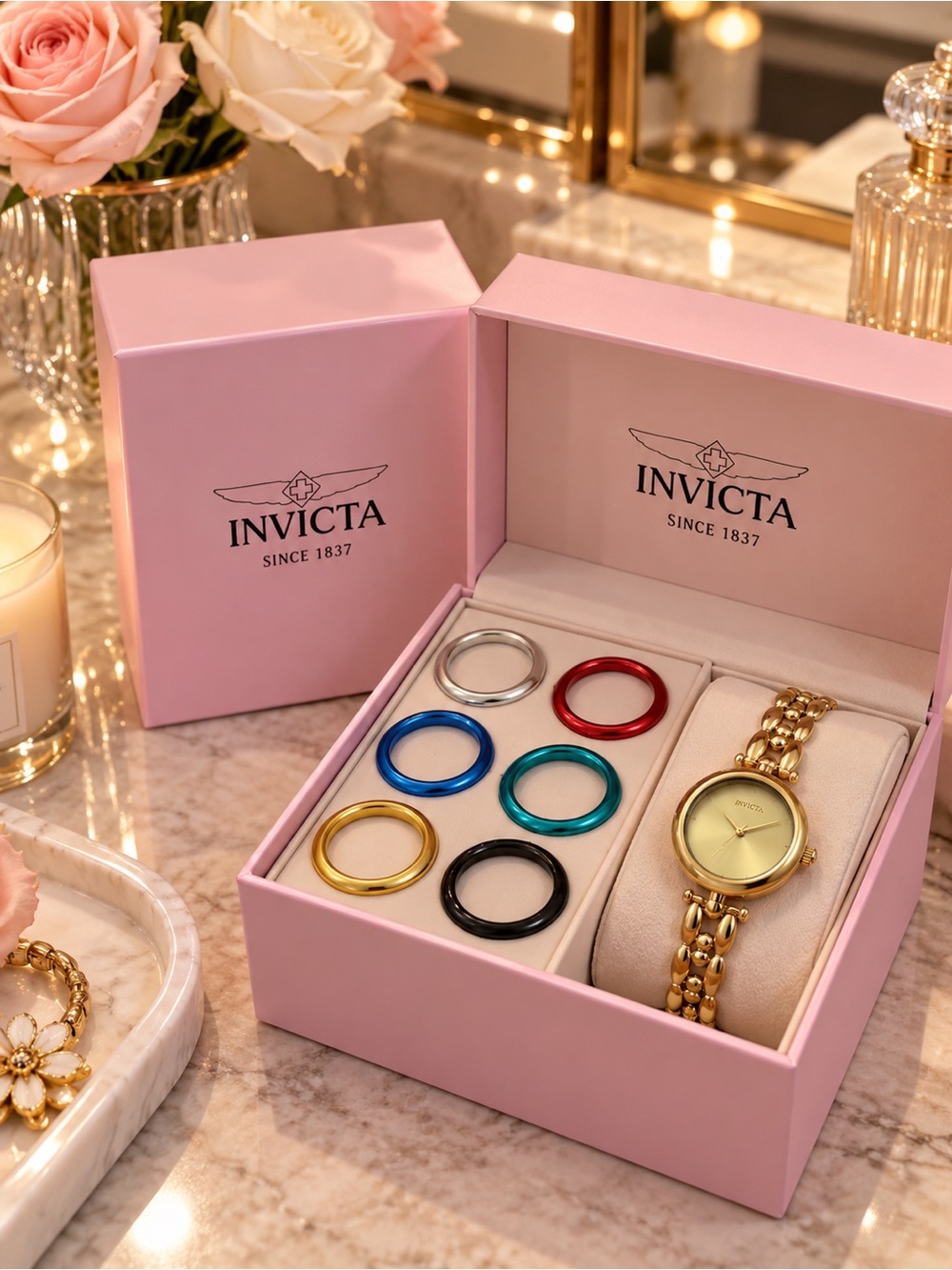 Invicta Angel 70077 Gold Watch + 6 Interchangeable Bezels NWT
